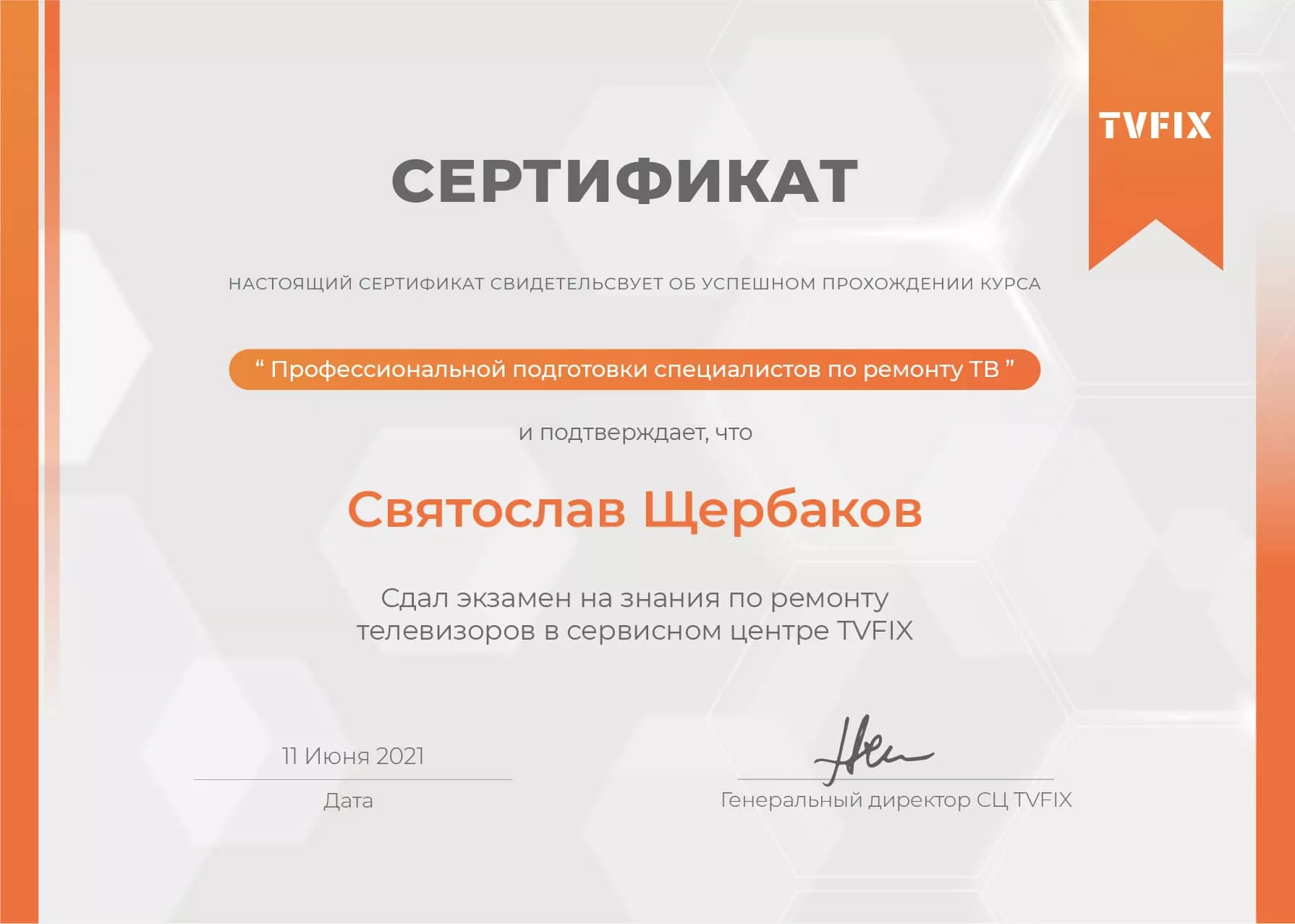 Святослав Щербаков сертификат телемастера